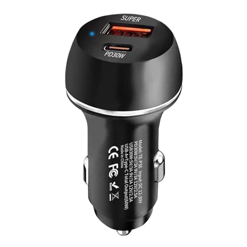 Cargador de coche - PC 60W USB-A+Type-C | Carga rápida de 60W | Cargador de coche Android de alta potencia para dispositivos móviles, tabletas, GPS, viajes y uso de fuente de alimentación