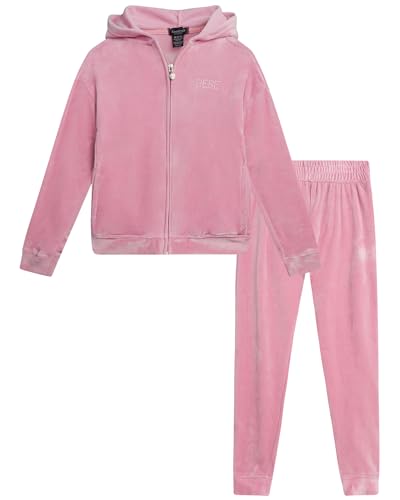 bebe Girls Sweatsuit Set - 2 Piece Velour Zip Up Hooded Sweatshirt and Girls Jogger Sweatpants Kids Youth Activewear Set, Size 10-12, Bleached Mauve