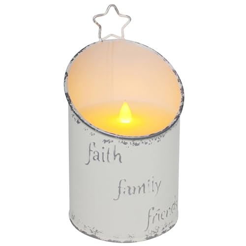 Image of CVHOMEDECO. Vintage Galvanized Can Flameless LED Candle, Real Wax in Antique Galvanized Jar FFF Flickering Candle with Remote Control for Tabletop Wall Decor. H 8 Inch, Cream