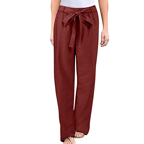 Maiyifu-GJ Women Floral Print Linen Belted Pants Elastic High Waist Printed Hippie Trousers Casual Beach Wide Leg Lounge Pant (Red Wine,XX-Large)