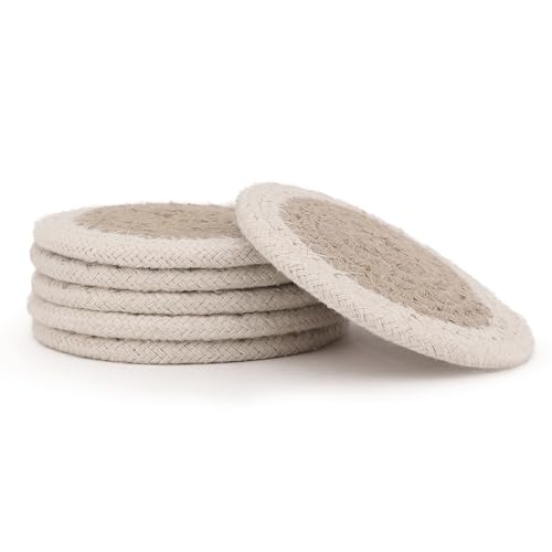 Image of Encasa XO Drink Coasters Set of 12 | Beige & Off White with Round (9 cm) | Handcrafted Ribbed Cotton | Absorbent & Heat-Resistant | Use for Tea, Coffee Table & Desk