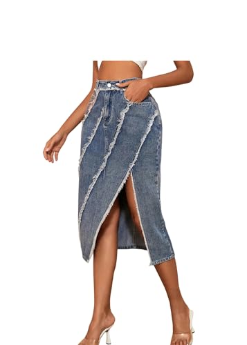 HHNNL Jupe en Jean Femmes Mode Vintage Denim Jupe Slit Ourlet Brut Bord Bodycon Jupe Haute Taille Polyvalent Mujer-Bleu-XL