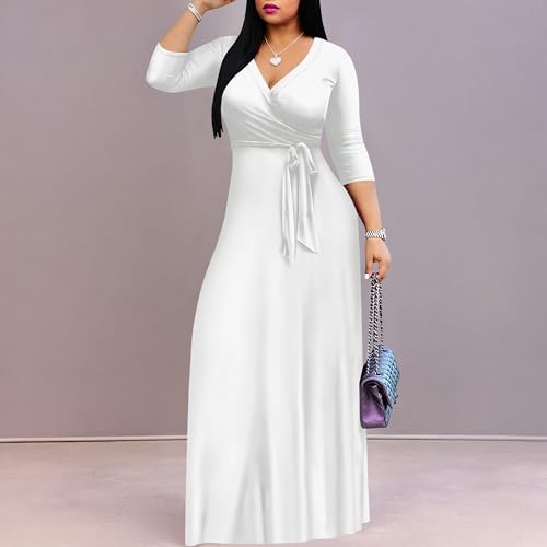 Image of PinkPatty Women's Print Maxi Dresses 3 /4 Sleeve Flowy Long Dress V Neck Wrap Tie Waist Sundress