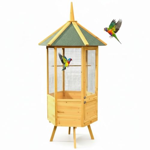 Melko Vogelvoliere XXL 6-Eck Vogelkäfig Vogelhaus aus Holz, 74 x 74 x 194 cm, braun