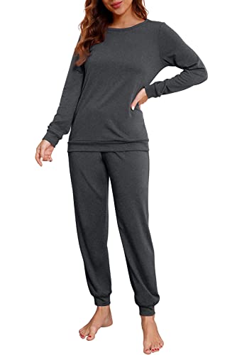 PrinStory Womens Pajama Set Long Sleeve Sleepwear Nightwear Soft Pjs Lounge Sets With Pockets Dark Gray-Large