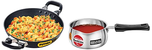 Image of Hawkins Futura Nonstick Deep-Fry Pan (Kadhai, Round Bottom), 1.5 Litre, 22 cm, 3.25 mm & Stainless Steel Induction Compatible Tpan, 1 Litre, 4.7 mm
