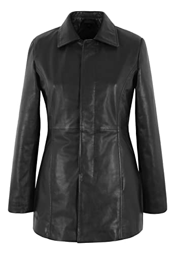 Manteau noir en cuir femme veste longue 3/4 Shaylyn pardessus classique en cuir véritable