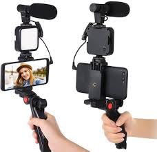 crownviz set of 4 vlogging kit for video making | led light & phone holder | mini tripod stand | content creation | podcasting | mic suitable for all mobile phones