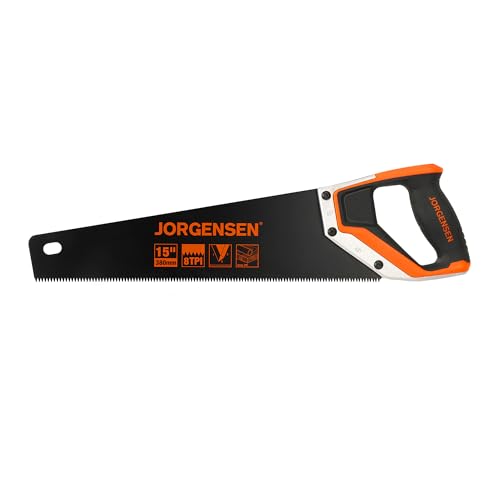 JORGENSEN 15” Hand Saw, Black Coated Coarse Handsaw 8TPI for Wood Cutting, Ergonomic Non-Slip Aluminum Handle for Sawing, Trimming, Gardening, Pruning, PVC