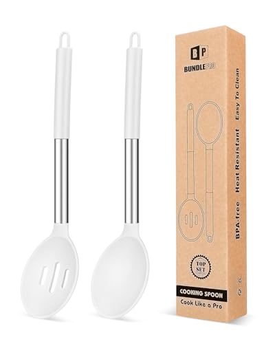 BUNDLEPRO Silicone Cooking Spoons for Nonstick Cookware, 2 Pack, White