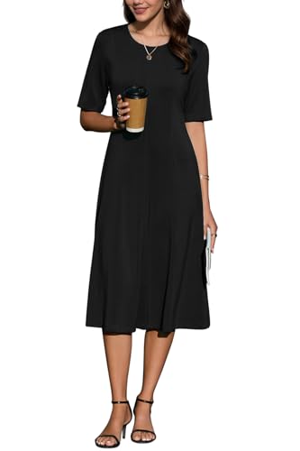 Newshows Womens 2025 Summer Teacher Work Modest Dresses Ultra Soft Short Sleeve Midi Old Money Clothes Business Casual Dress