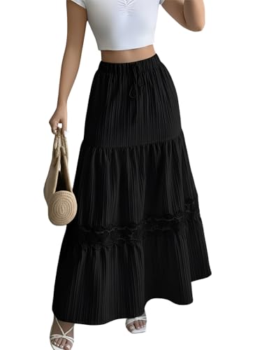 Jupe longue plissée femme taille élastique cordon et bordure dentelle