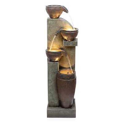 Alpine Corporation TZL368 40” Indoor/Outdoor 4-Tier Fountain with LED Lights – Cascading Pot and Bowl Water Feature, Elegant Waterfall for Garden, Patio & Home, Brown