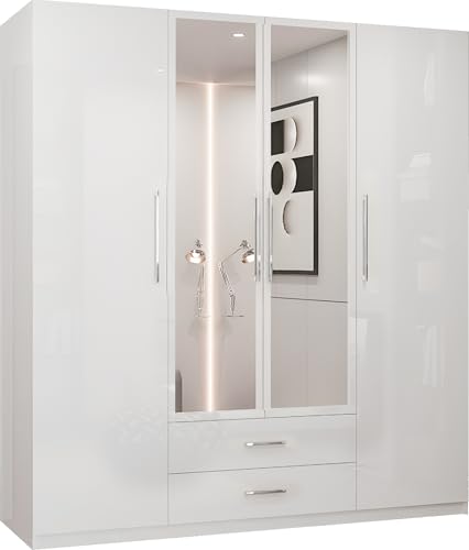 FURNITUREWAVE 4 Door High Gloss Hinged Wardrobe with Mirror and Drawers Modern Bedroom Storage Solution (Size 160cm) (White Gloss)