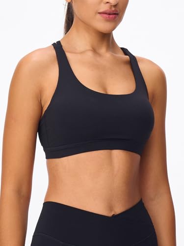 Image of Women's Strappy Sports Bras Light Compression Crop Criss Cross Back Padded Workout Yoga Bra Supportive U Neckline