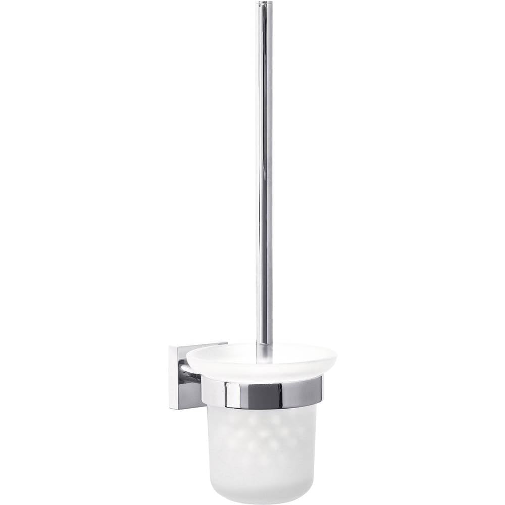 tesa EKKRO Toilet Brush Set - No Drill Toilet Brush with Frosted Glass Container - Includes Removable Glue Solution