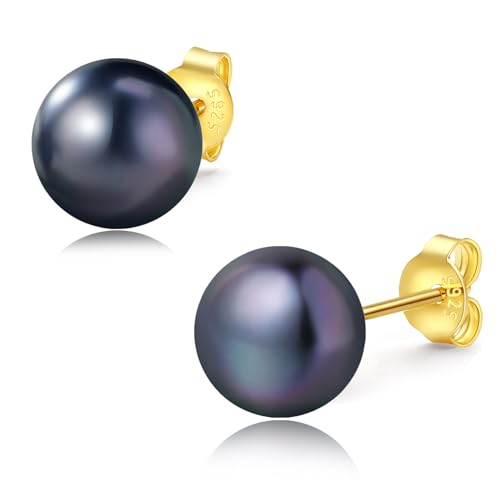 YAMI Pearl Earrings for Women, 925 Sterling Silver Hypoallergenic Gold Stud, Saltwater Cultured Black Pearl, Classic & Elegant Jewelry Gifts for Her, 10-10.5MM