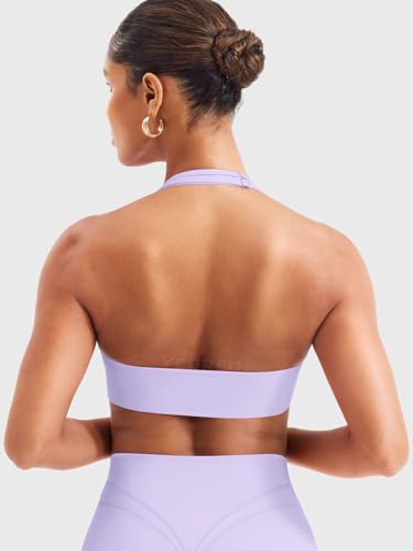 Image of YEOREO Women Halter Sports Bra Light Support V Neck Padded Strappy Open Back Workout Gym Tops
