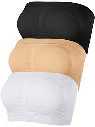 Voqeen 3 Pcs Bandeau Brassière Tube Top Rembourré Push Up Femme Soutien Gorge Bustier sans Bretelles Lingerie sans Armature Hauts sans Couture Enveloppe De Poitrine Extensible(Beige+Blanc+Noir,M) Cover