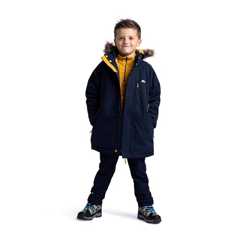 Trespass Boys Waterproof Jacket Parka Style Raincoat with Removable Hood Windproof Taped Seams School Coat Casual Jacket Fleece Lined Ultimately