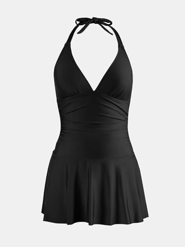 CUPSHE Women's Swimdress One Piece Swimsuit V Neck Plunge Halter Self Tie Open Back Ruched Swimwear Swimming Costume Black M - Image 5
