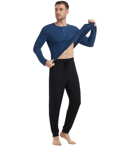 Image of NACHILA Mens Pajamas Set Long Sleeve Henley Sleepwear Top Soft Jogger Pants Pajamas Cool Pjs Set,Viscose Made from Bamboo