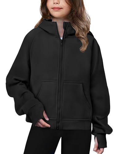 Arshiner Girls Zip Up Sweatshirt Black Fleece Hoodies Teen Workout
