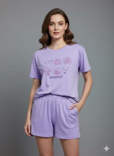 Image of Duchess Women's Cotton Printed Night Suit Set of Top & Shorts Pajama Set