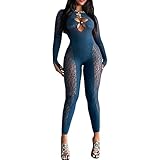 Women See Through Bodycon Jumpsuit - One Piece Crew Neck Outfits Sheer Mesh Hollow Out Leopard Clubwear Jumpsuit Rompers (Blue, M)