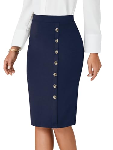 LYANER Women's Basic Stretch High Waist Pencil Bodycon Button Knee Length Straight Office Midi Skirt4