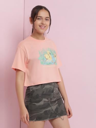 Image of Li'l Tomatoes Girls Crop T-Shirt | 100% Cotton | Graphic Printed Summer Top | Soft & Breathable Casual Wear | 7-16 Years