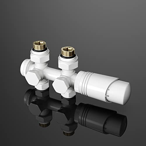 SONNI Multiblock Set für Heizkörper Anschlussarmatur inkl. Thermotstat Hahnblock Ventil Heizungszubehör Eck- und Durchgangsform weiß