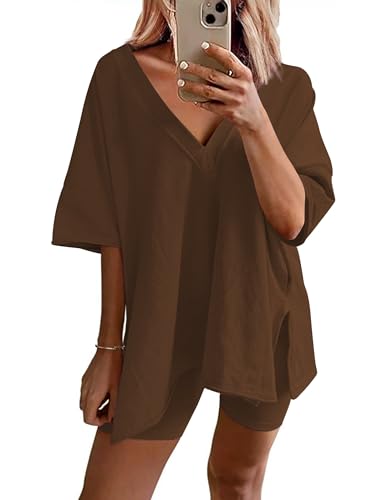 Image of Ekouaer Womens Pajamas 2 Piece Lounge Sets Oversized V Neck T-Shirts Tops Biker Shorts Set Workout Reversible Tracksuit S-XXL