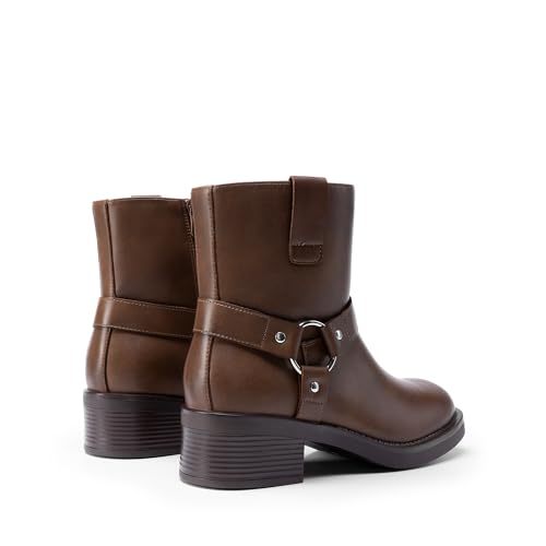 DREAM PAIRS DREAM PAIRS Women's Ankle Booties Side Zipper Motorcycle Boots Square Toe Chunky Low Heel Fashion Buckles Biker Riding Boots,Size 7,Tan,DWUMAB2533