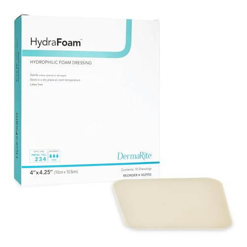 DermaRite's HydraFoam Hydrophilic Foam Dressing - Highly Absorbent Wound Care, Waterproof Backing, Sterile - 4 in. x 4-1/4 in., 1 Count, 10 Packs, 10 Total