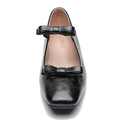 LIURUIJIA Women's Ballet Flats with Bow Square Toe Casual Comfortable Retro Mary Jane Lolita Dress Shoes Black 44 US 10.53