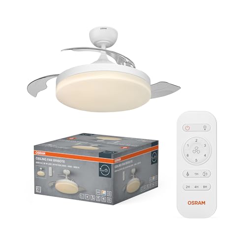 OSRAM Ventilador de techo LED Brisote 1060 mm 66 W CCT, 2600 lm, 3000/4000/6500 K, ángulo de haz de 116°, diámetro de 1060 mm, 66 W, vida útil de 20000 h, mando a distancia, IP20, blanco