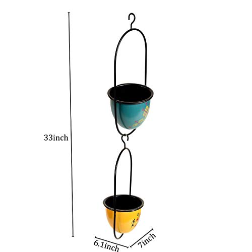 Image of AAKRITI ART CREATIONS Metal Hanging Planters Set of 2 | Handpainted Planter, Modern Art, Blue & Yellow Glossy Finish | Outdoor & Indoor Home Decor Items | Room Decoration Artifacts, Flower Pots