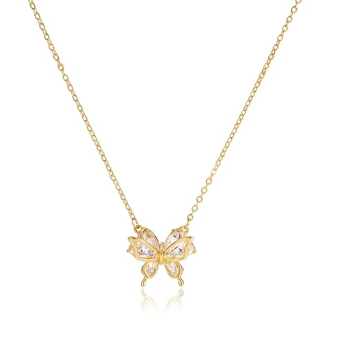 Dainty Gold Necklace for Women, Two Tone Cubic Zirconia Pendant Necklaces for Women, 14K Gold Plated Butterfly Necklaces for Women Trendy, Charm Ring Pendant Necklace Daily Fashion Jewelry Gifts