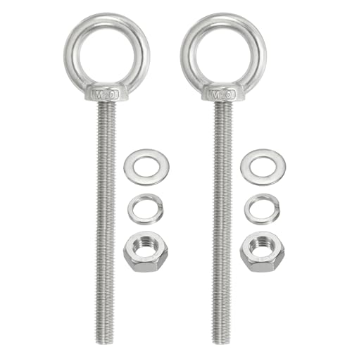 Image of PATIKIL M10 x 100mm Lifting Shoulder Eye Bolt, 2Pcs 304 Stainless Steel Lifting Ring Threaded Eyebolt with Nuts Washers for Hanging Hammocks Articles