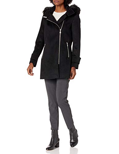 Calvin Klein Womens Zip Front Wool with Faux Fur Hood, BLK, S