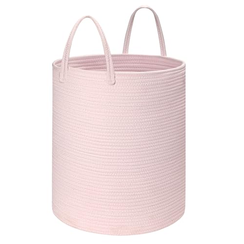 Image of Baby Laundry Basket Hamper,Woven Cotton Rope Pink Laundry Basket Nursery Hamper Bin Storage Basket for Girls Kids Living Room Bedroom Cute Boho Tall Woven Rope baskets for Clothes Blanket Toys Large