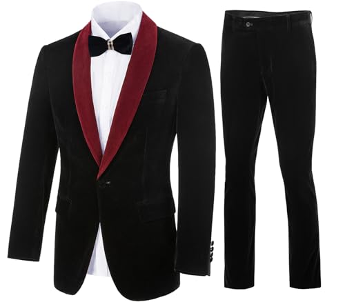 Men's Velvet Suit 2 Piece Slim Fit Suits 1 Button Peaked Lapel Tuxedo Blazer Party Dinner Jacket Pants Set