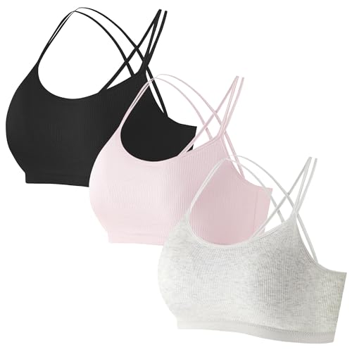 Happy Cherry Training Bras for Girls Criss Cross Back Teen Sports Bras Cotton Padded Seamless Youth Bralette 8-10 Years Old