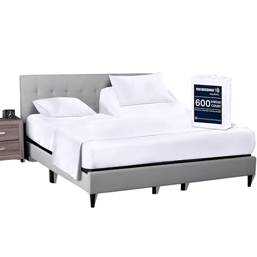 SGI bedding 34 King Split Top Flex Head Sheet 100% Egyptian Cotton Sheet Set - 600 Thread Count Flex Top Sheet Adjustable Bed - 4 Piece Sheet Set 15 Deep Pocket Sleep Number Bed - White Solid