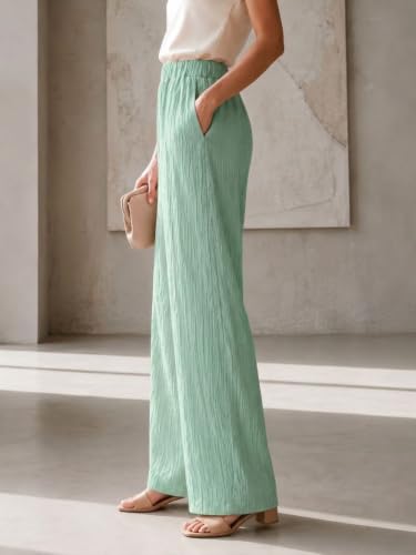 Image of Women's High Waist Wide Leg Trousers | Textured Crinkle Palazzo Pants | Elastic Waist Casual Formal Office Wear Trousers | Comfortable Lightweight Bottom Wear for Women