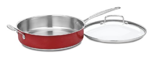 Cuisinart Chef's Classic Stainless 5-Quart Saute Pan with Helper Handle and Cover, Metallic Red