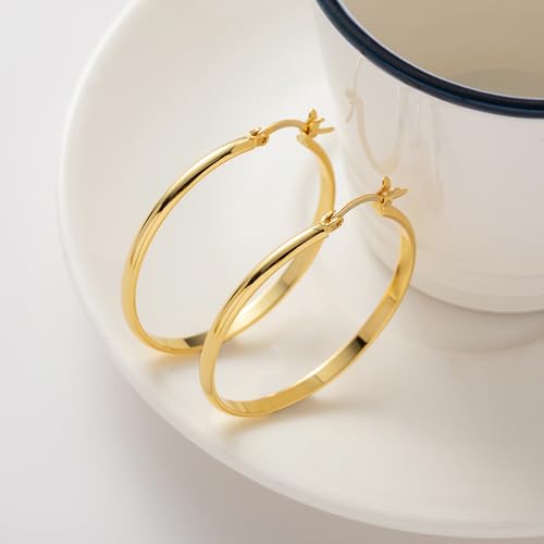 OOOPEL 3mm Wide Large Hoop Earrings for Women Hypoallergenic 925 Sterling Silver Post Gold Earrings Lightweight Silver Hoop Earrings Oversize Big Gold Hoops 30/40/50/60MM