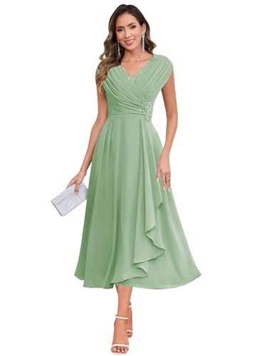 Image of SOLODISH Mother of the Bride Dresses for Wedding Tea Length Chiffon A Line Formal Wedding Guest Party Gown