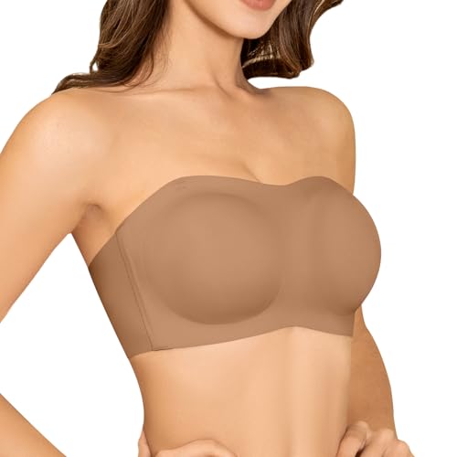 Image of Strapless Bras for Women - Wireless Seamless Tube Top Bra, Anti-Slip Lightly Padded Bandeau Bralette Coffee M
